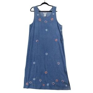 Basic Editions Womens Blue Denim Floral Embroidered Side Button Midi Dress L